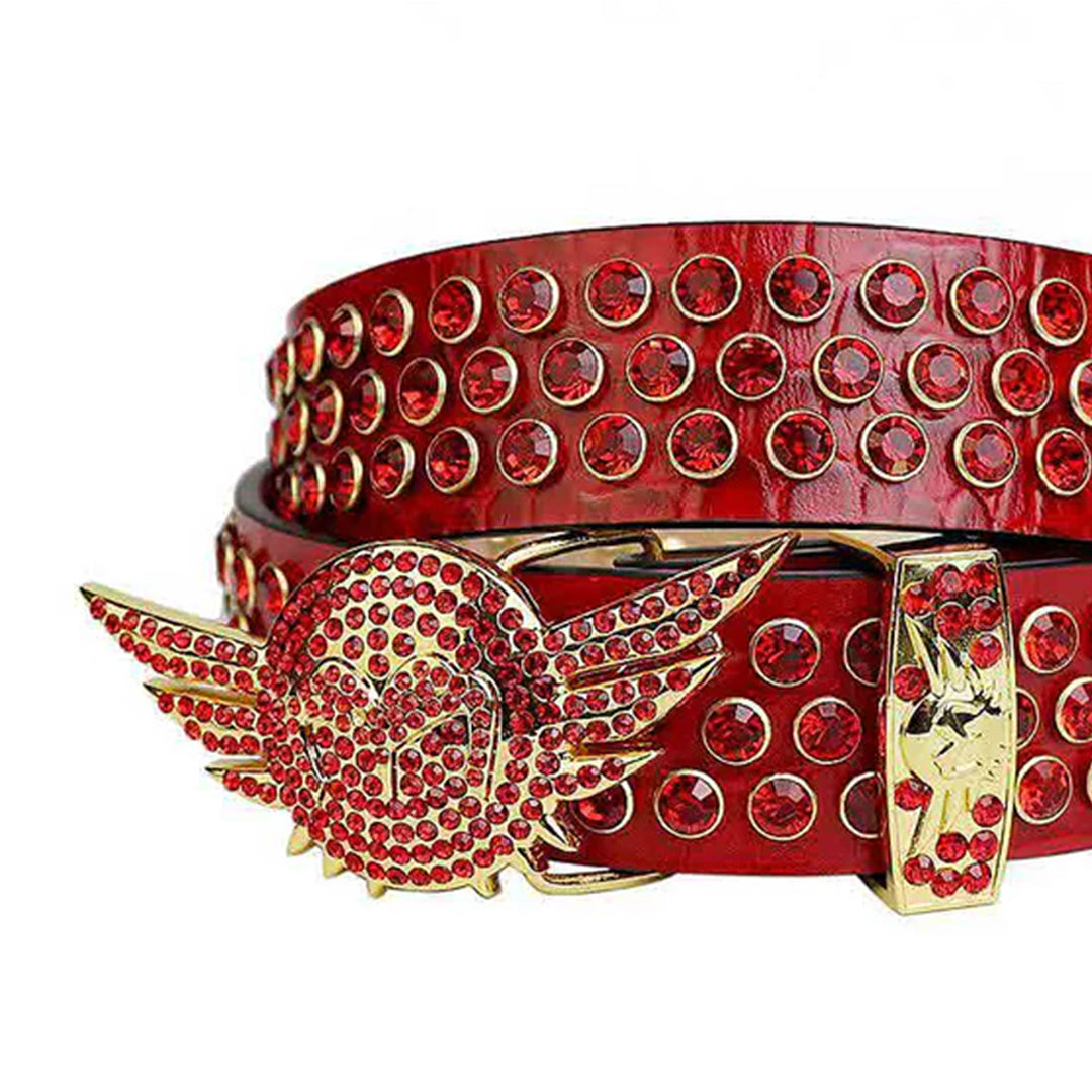 Red Studded Rhinestone Belt with Angel Wings Buckle