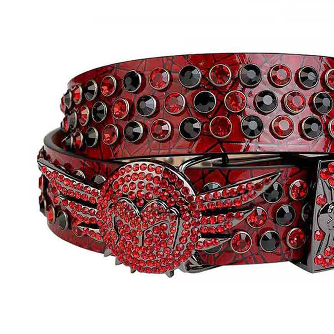 Red & Black Studded Rhinestone Belt with Angel Wings Buckle