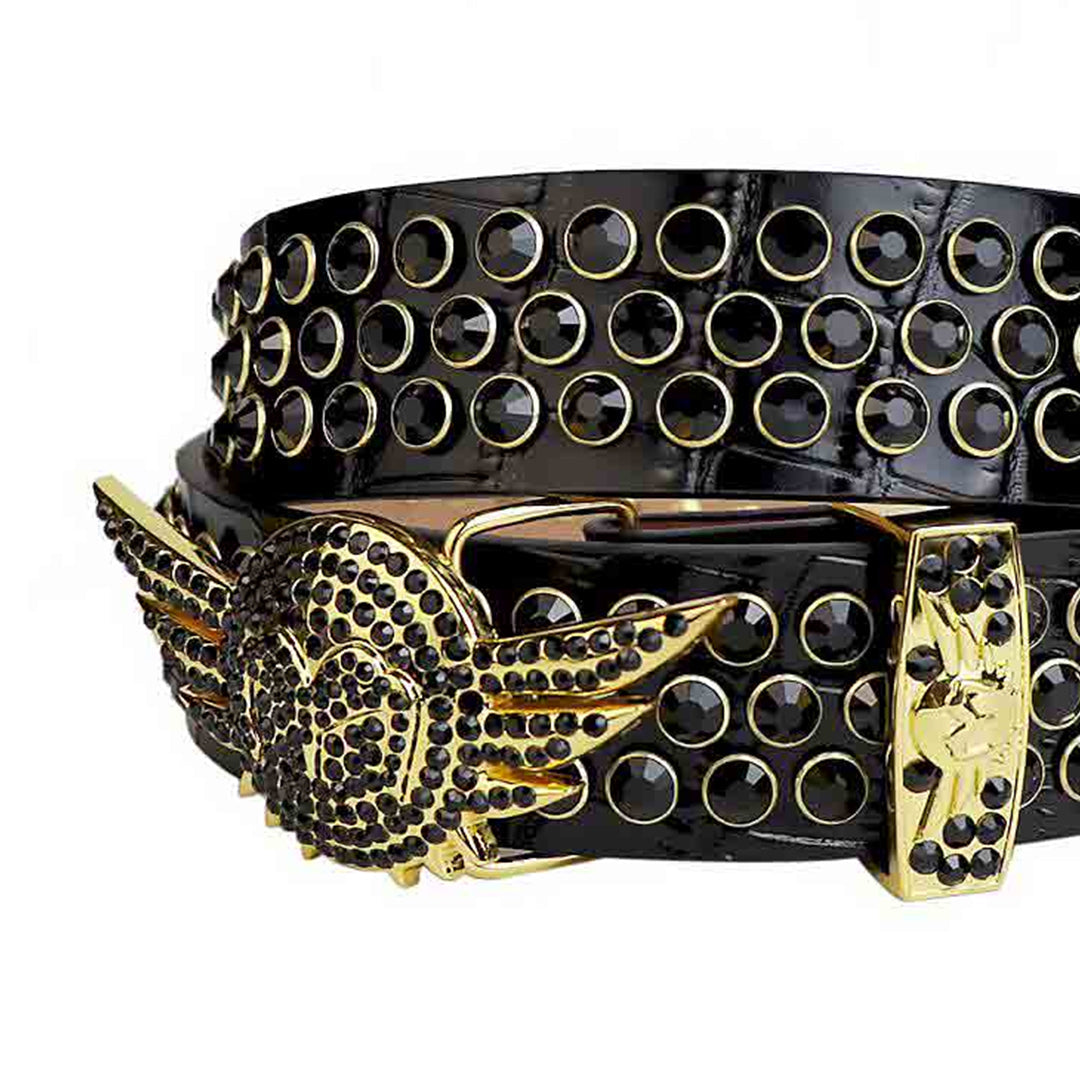 Black Studded Rhinestone Belt with Angel Wings Buckle