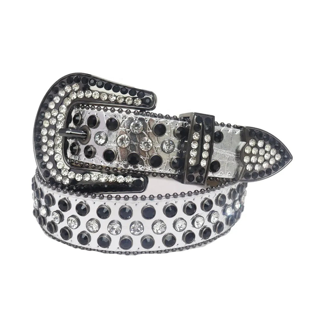 Silver Studded Belt with Diamond and Black Rhinestone Detailing