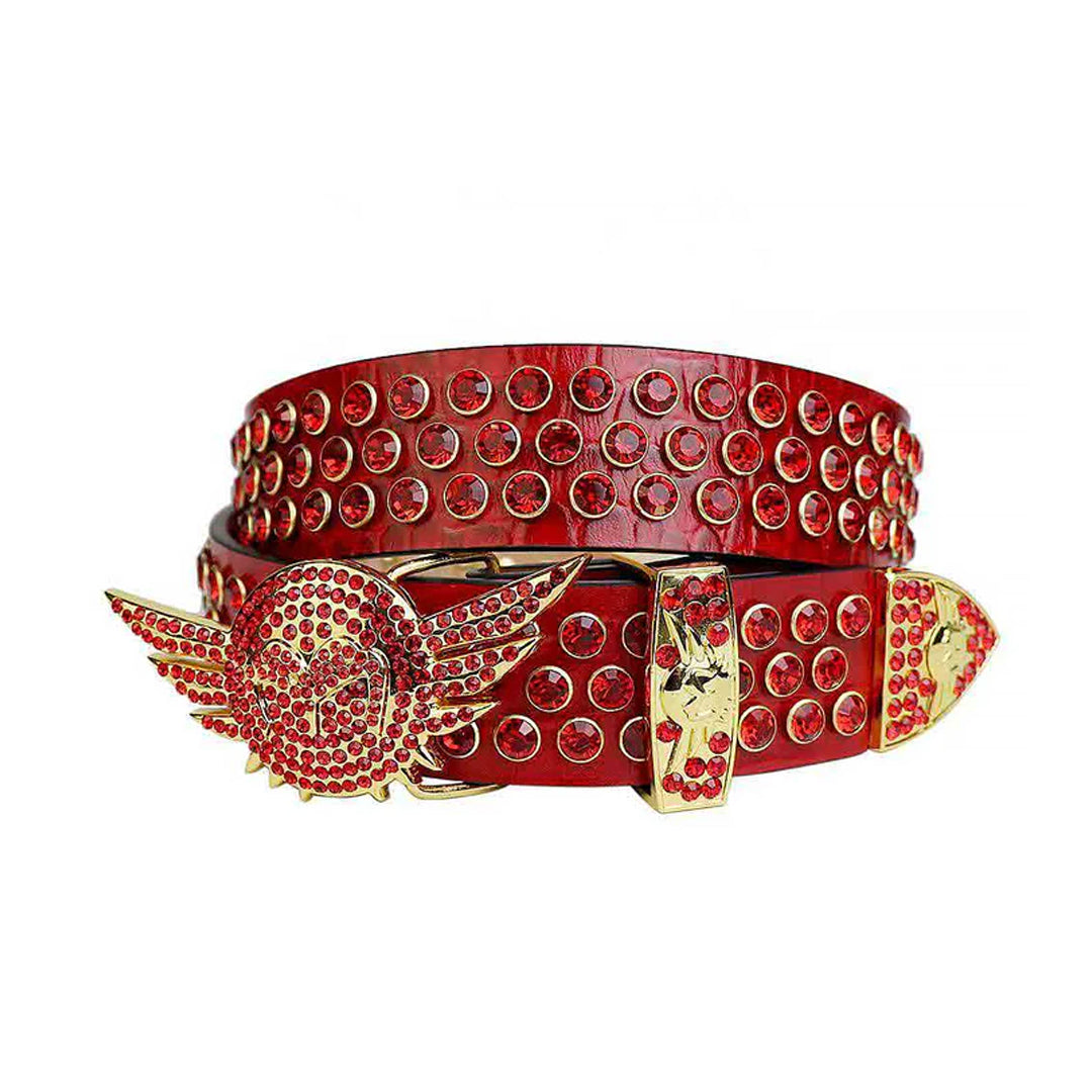 Red Studded Rhinestone Belt with Angel Wings Buckle