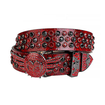 Red & Black Studded Rhinestone Belt with Angel Wings Buckle