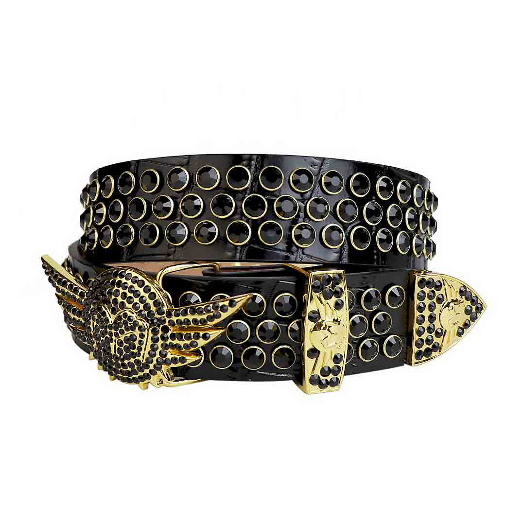 Black Studded Rhinestone Belt with Angel Wings Buckle
