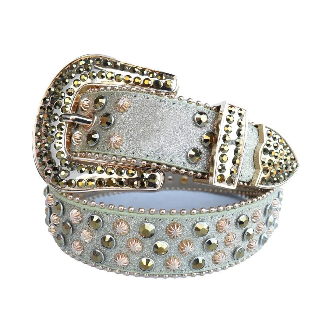Grey Studded Belt with Chromatic Rhinestones and Copper Accents