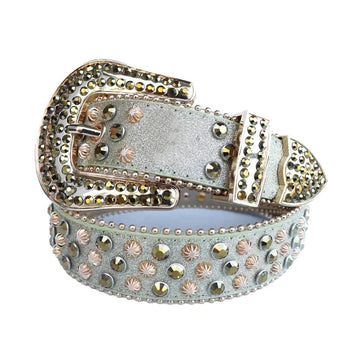 Grey Studded Belt with Chromatic Rhinestones and Copper Accents