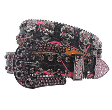 Skull Buckle Black Strap p With Pink Crystal Studded Rhinestone Belt
