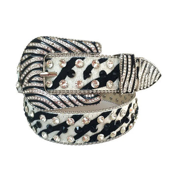 Zebra Pattern Studded Belt with Diamond and Black Rhinestone Accents