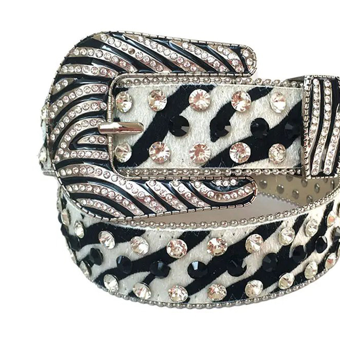 Zebra Pattern Studded Belt with Diamond and Black Rhinestone Accents