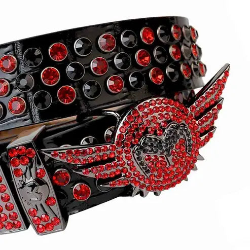 Black Rhinestone Belt with Black and Red Angel Wings Buckle