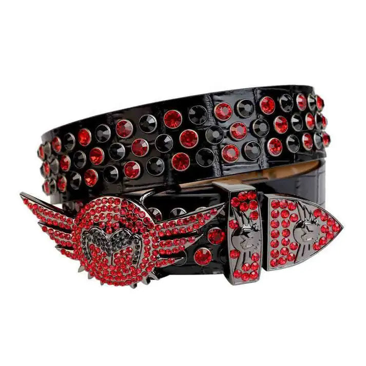 Black Rhinestone Belt with Black and Red Angel Wings Buckle