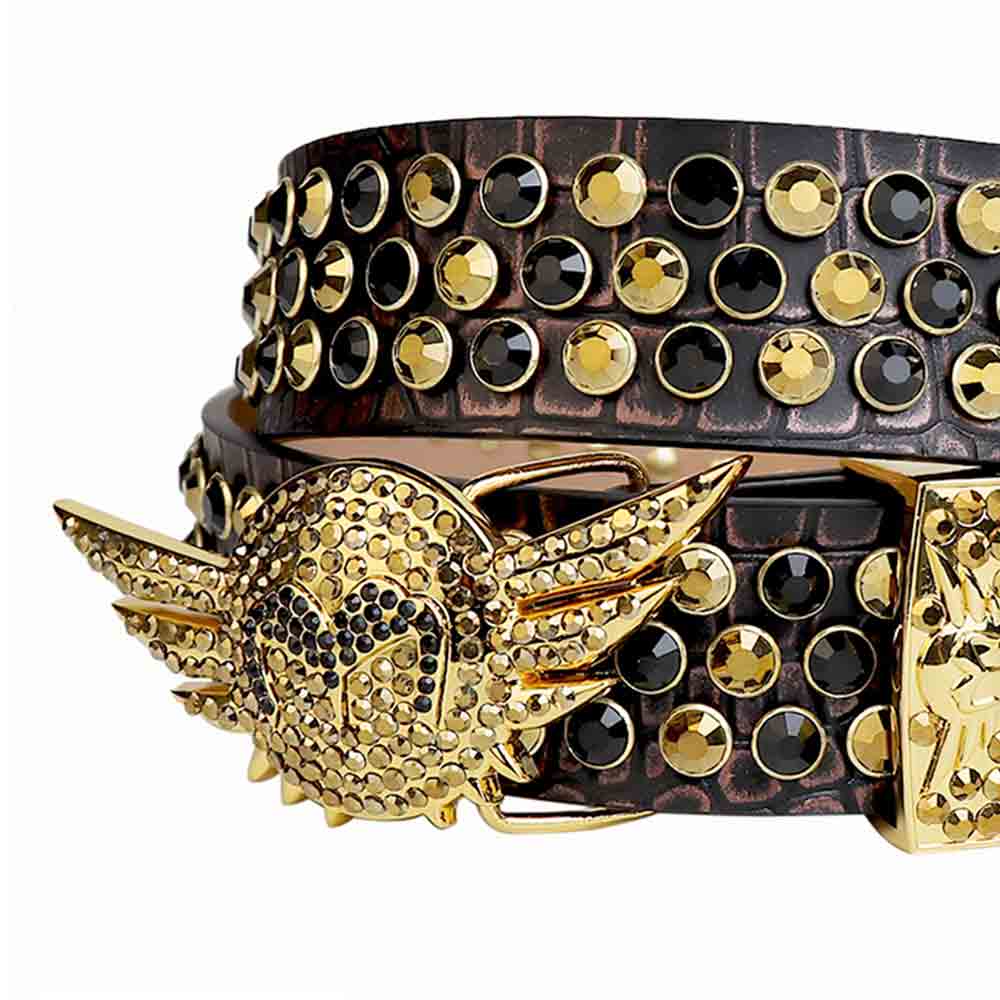 Black Rhinestone Belt with Black and Gold Angel Wings Buckle