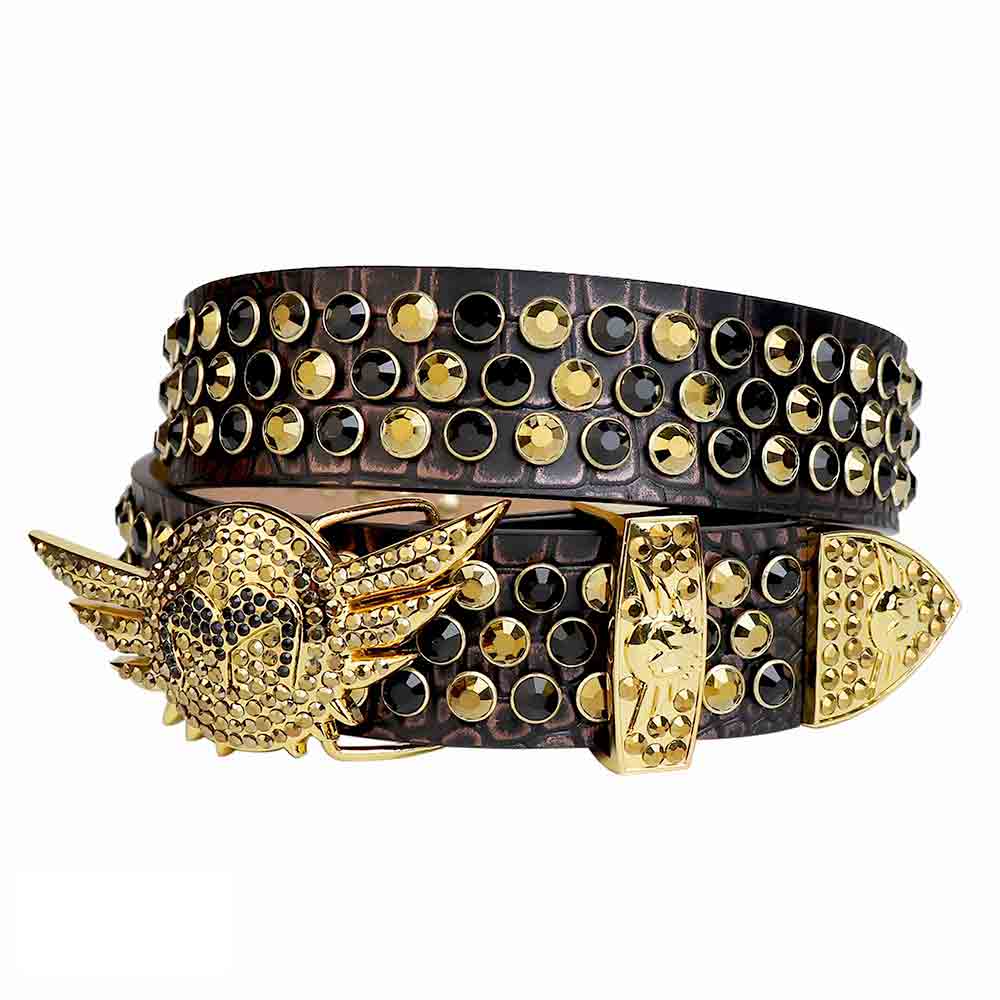Black Rhinestone Belt with Black and Gold Angel Wings Buckle