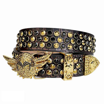 Black Rhinestone Belt with Black and Gold Angel Wings Buckle