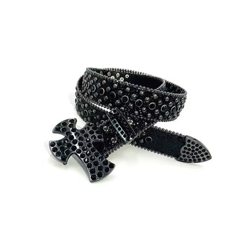 Cross Buckle Black Strap p WIth Black Crystal Studded Rhinestone Belt