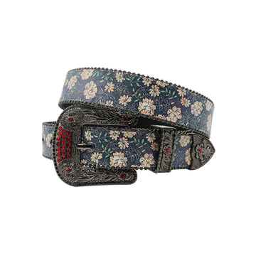 Black Buckle Flower Strap p With Red Studdent Rhinestone Belt