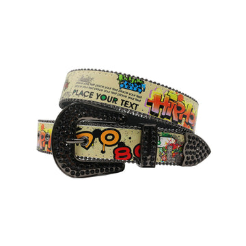Black Buckle Texted Strap p With Black Studdent Rhinestone Belt