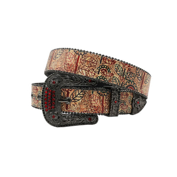 Black Buckle Leave Strap p With Red Studded Rhinestone Belt