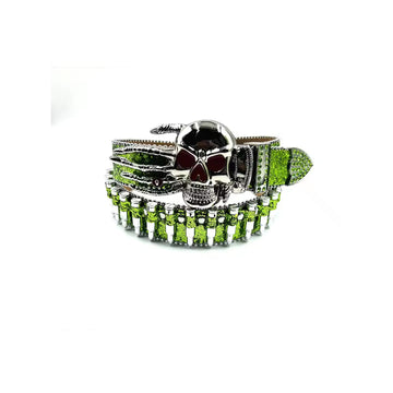 Skull Buckle Glitter Green Strap p Bullet Studded Rhinestone Belt