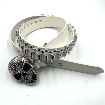 Skull Buckle with White Bullets Strap p Rhinestone Belt