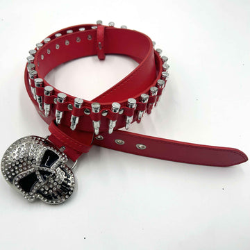 Skull Buckle with Red Bullets Strap p Rhinestone Belt