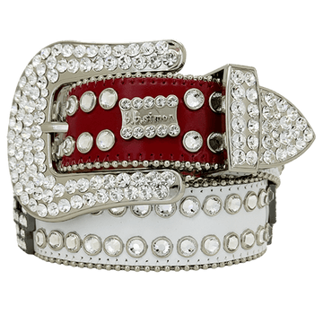 Engrave ved Buckle Red & White Strap p Crystal Studded Rhinestone Belt