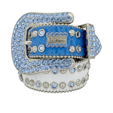 Engrave ved Buckle White Strap p with Blue & White Crystal Studded Rhinestone Belt