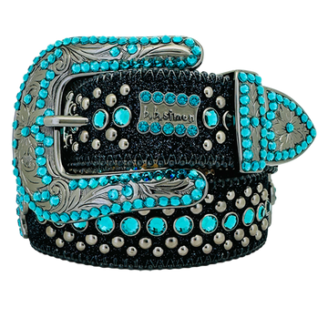 Engrave ved Buckle Black Strap p Sapphire Studded Rhinestone Belt