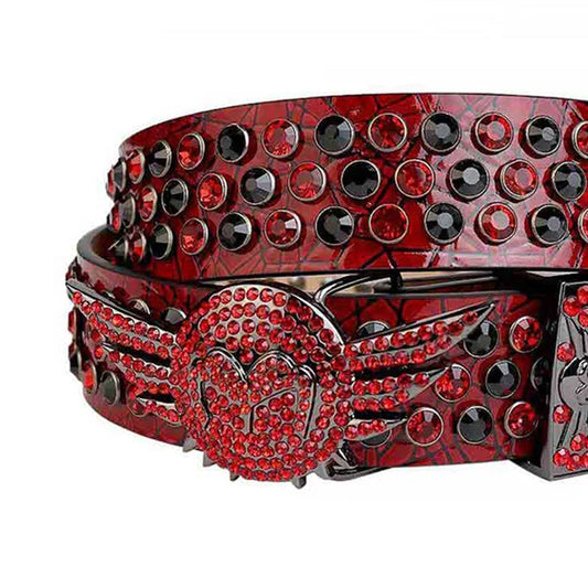 Red & Black Studded Rhinestone Belt with Angel Wings Buckle