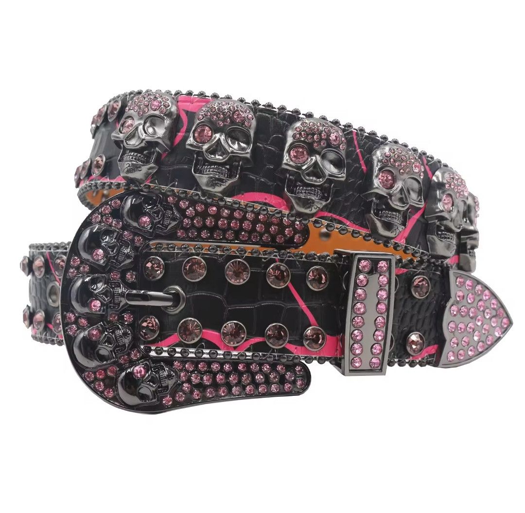 Skull Buckle Black Strap p With Pink Crystal Studded Rhinestone Belt