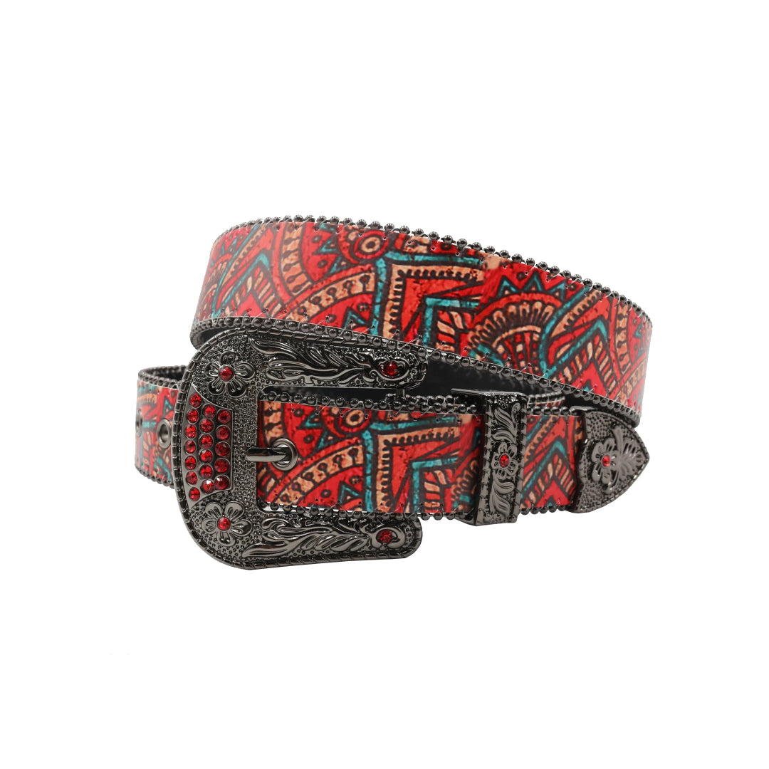 Black Buckle Classic Strap p With Red Studdent Rhinestone Belt