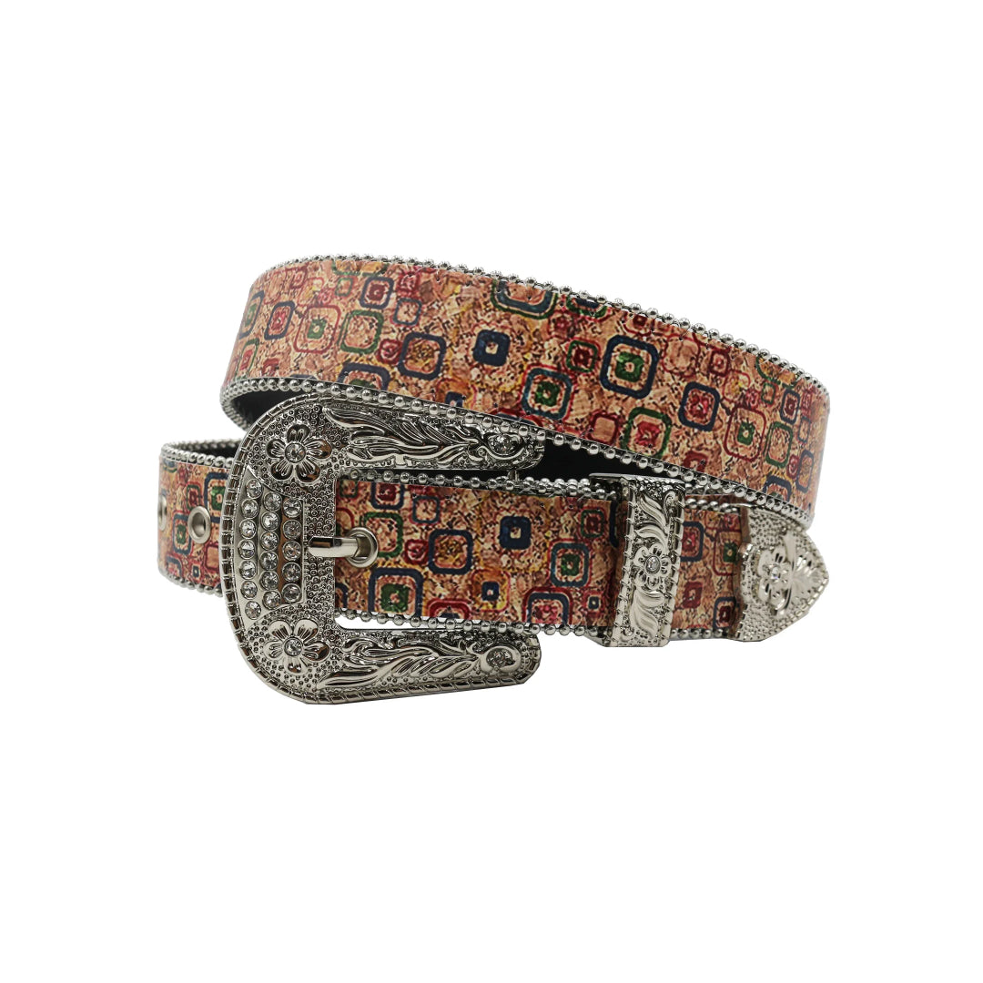 Silver Buckle Square Desigen Strap p With Silver Studded Rhinestone Belt