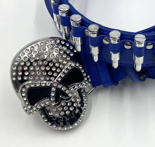 Skull Buckle with Blue Bullets Strap p Rhinestone Belt
