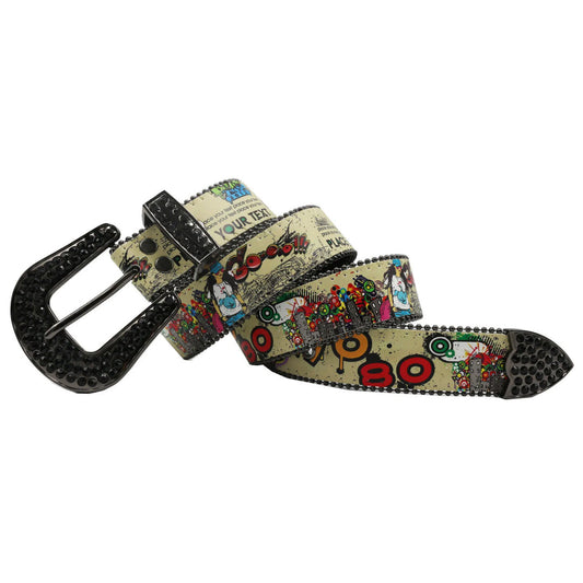 Black Buckle Texted Strap p With Black Studdent Rhinestone Belt