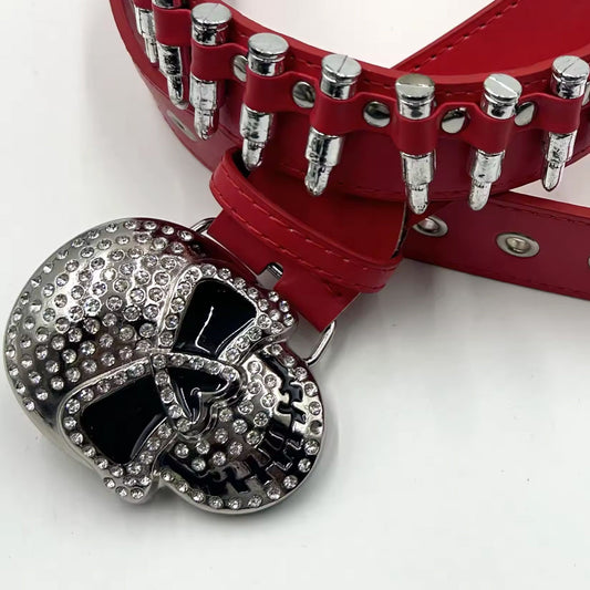 Skull Buckle with Red Bullets Strap p Rhinestone Belt