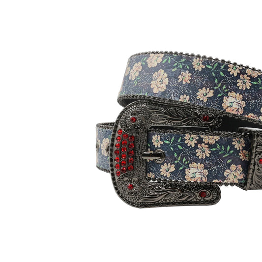 Black Buckle Flower Strap p With Red Studdent Rhinestone Belt