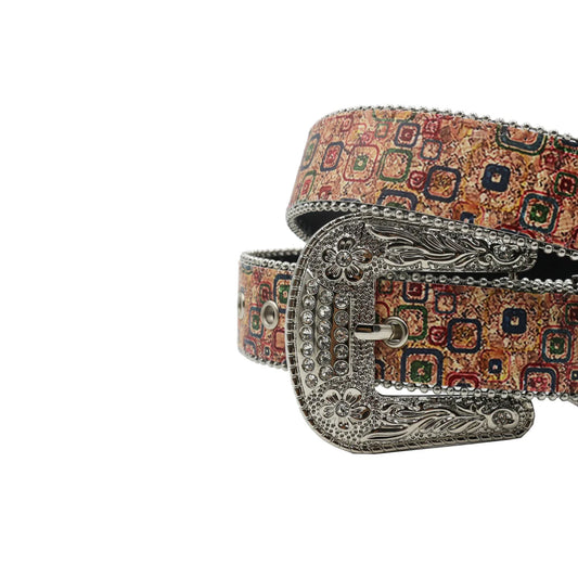 Silver Buckle Square Desigen Strap p With Silver Studded Rhinestone Belt