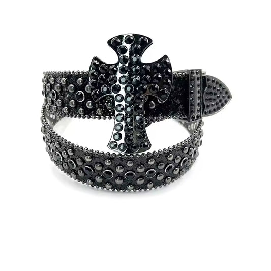 Cross Buckle Black Strap p WIth Black Crystal Studded Rhinestone Belt