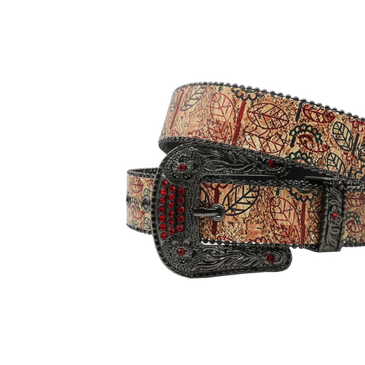 Black Buckle Leave Strap p With Red Studded Rhinestone Belt