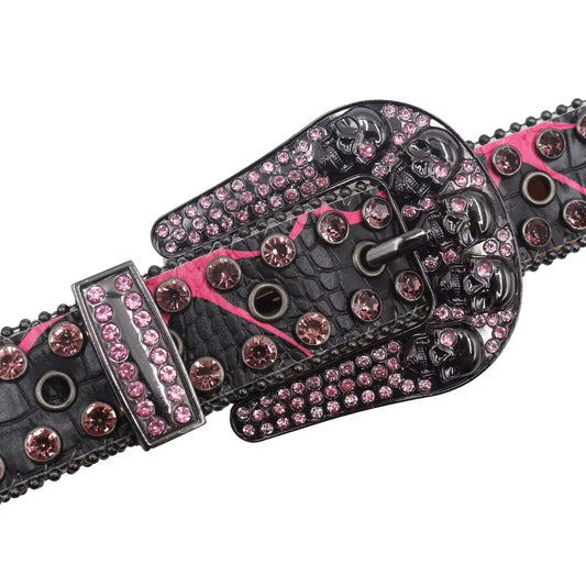 Skull Buckle Black Strap p With Pink Crystal Studded Rhinestone Belt