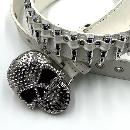 Skull Buckle with White Bullets Strap p Rhinestone Belt