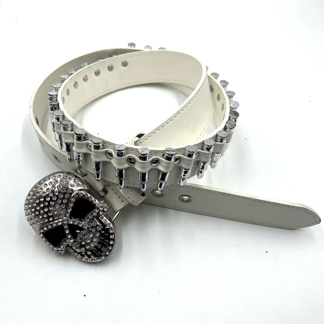 Skull Buckle with White Bullets Strap p Rhinestone Belt
