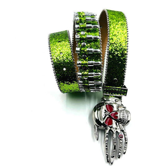 Skull Buckle Glitter Green Strap p Bullet Studded Rhinestone Belt