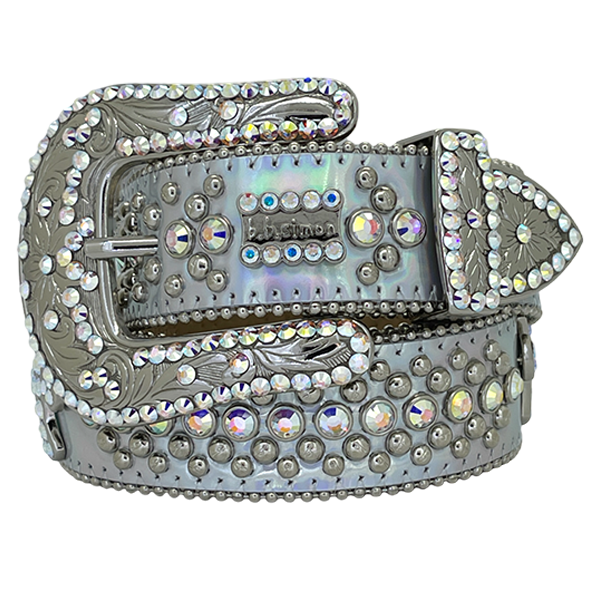 Engrave ved Buckle Silver Grey Strap p Crystal Studded Rhinestone Belt