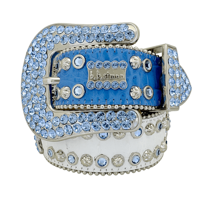 Engrave ved Buckle White Strap p with Blue & White Crystal Studded Rhinestone Belt