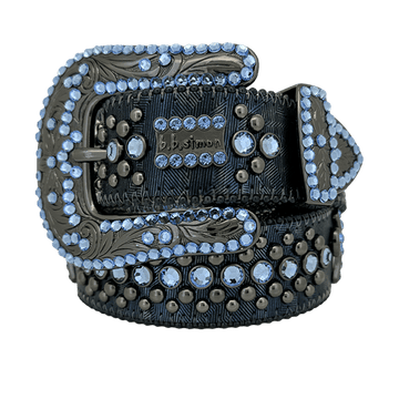 Engrave ved Buckle Black Strap p Blue Crystal Studded Rhinestone Belt