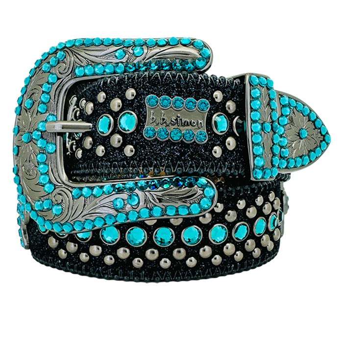 Engrave ved Buckle Black Strap p Sapphire Studded Rhinestone Belt